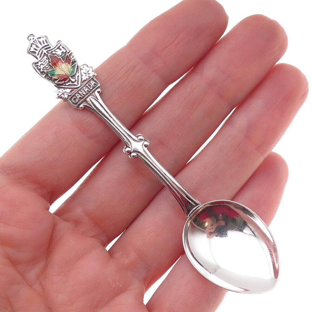 Ecco 925 Sterling Silver Antique Art Deco Enamel Canada Maple Leaf Coffee Spoon
